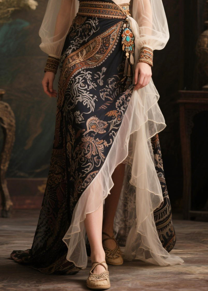Ethnic Style Black Exra Large Hem Patchwork Chiffon Long Dress Summer