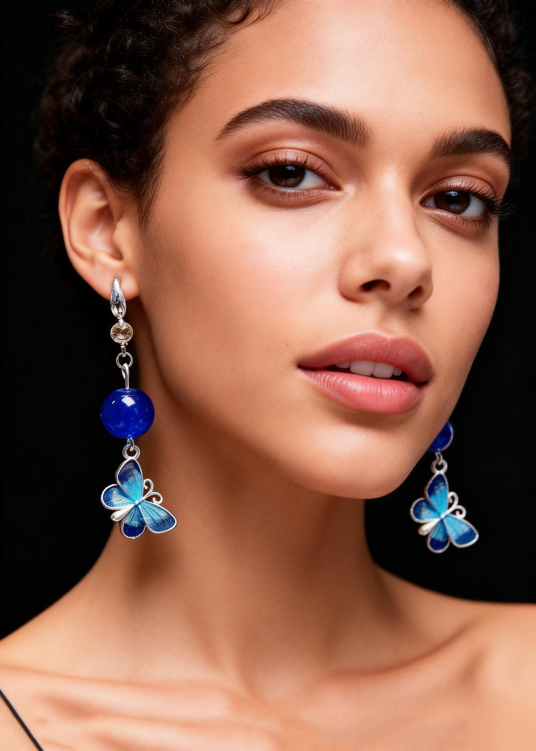 Ethnic Style Blue Butterfly Long Tasseled Drop Earrings