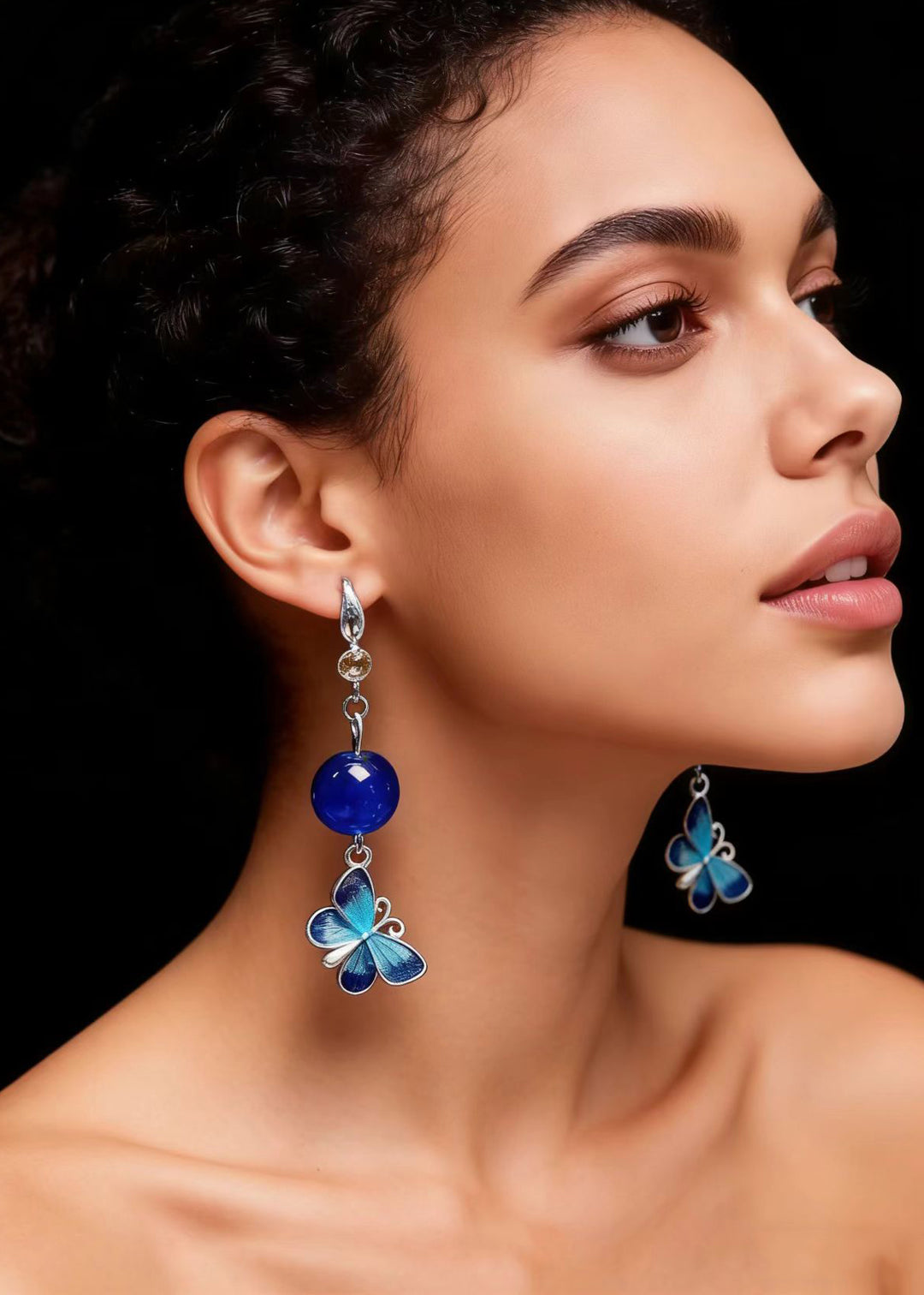 Ethnic Style Blue Butterfly Long Tasseled Drop Earrings
