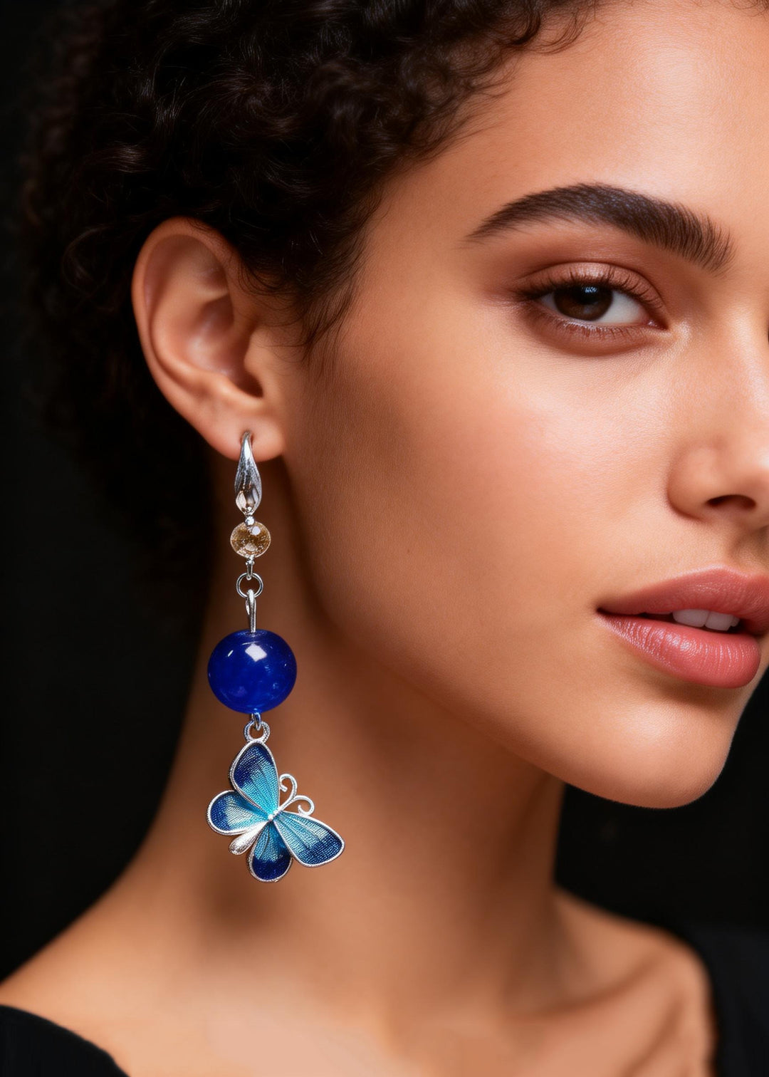 Ethnic Style Blue Butterfly Long Tasseled Drop Earrings