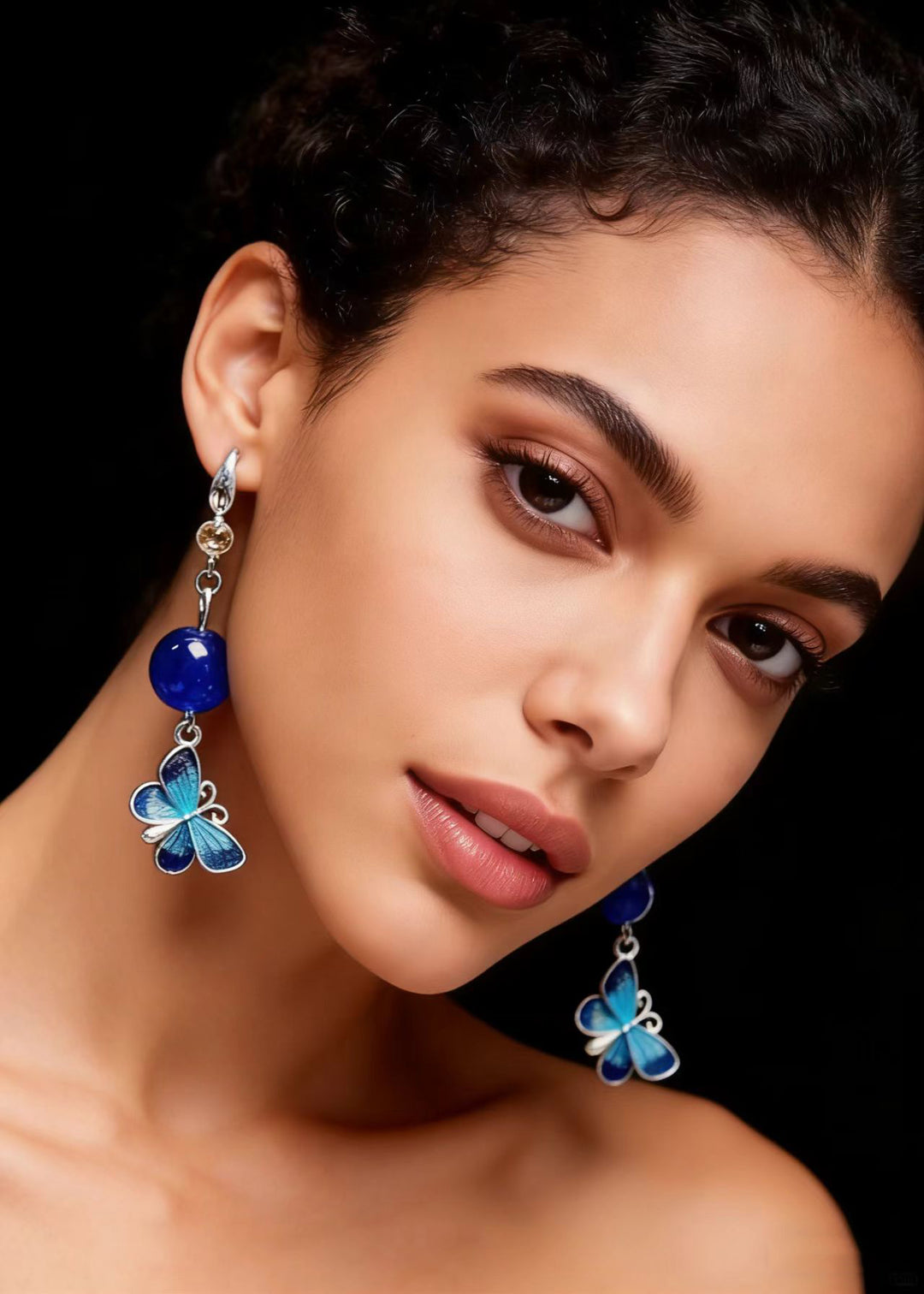 Ethnic Style Blue Butterfly Long Tasseled Drop Earrings