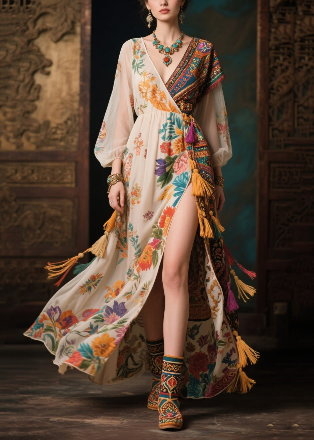 Ethnic Style Colorblock Tasseled Side Open Chiffon Dress Summer