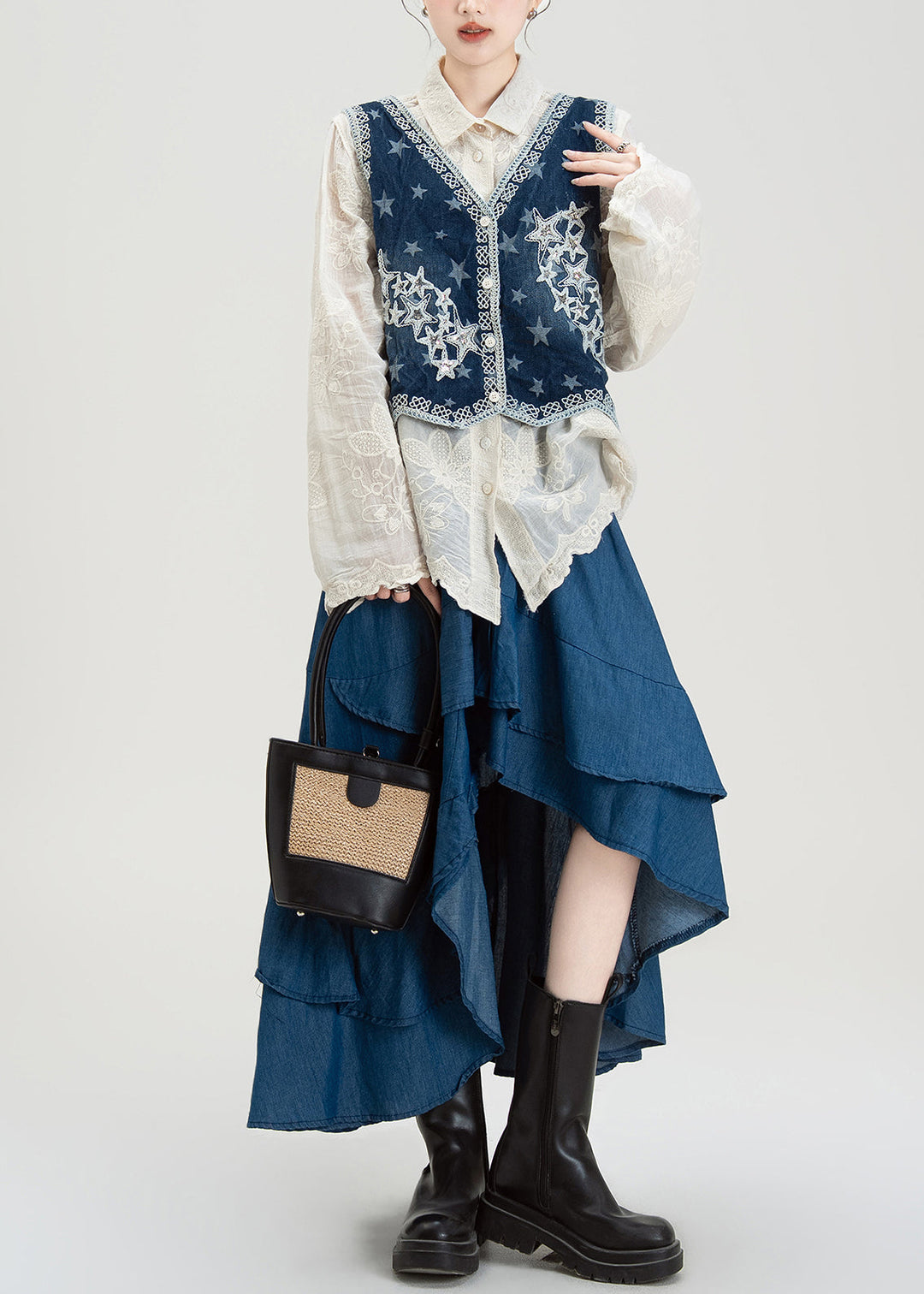 Ethnic Style Embroidered Denim Vest Shirt Asymmetrical Skirts Set Summer
