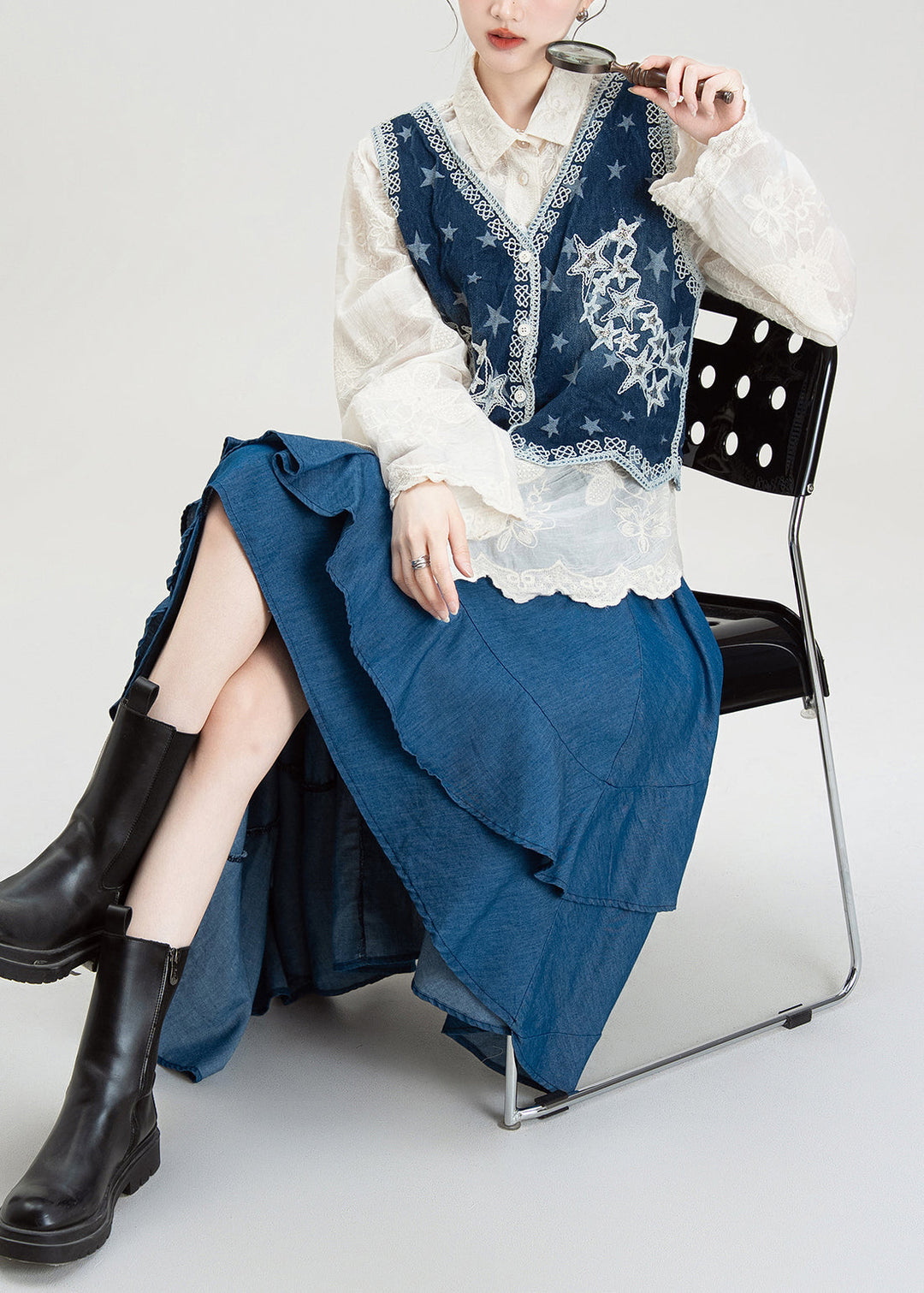 Ethnic Style Embroidered Denim Vest Shirt Asymmetrical Skirts Set Summer