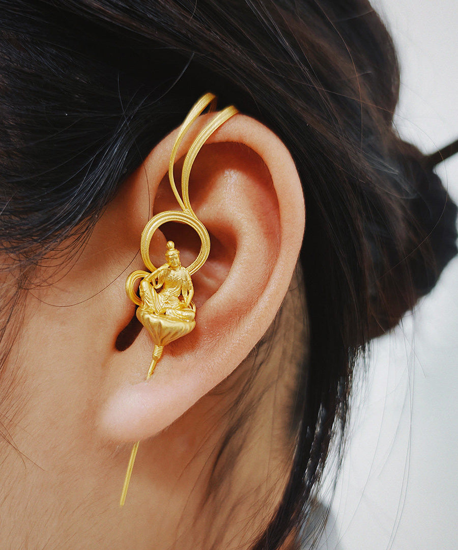 Ethnic Style Handmade Enlightenment Zen Buddhist Silver Gilding Earrings - Omychic