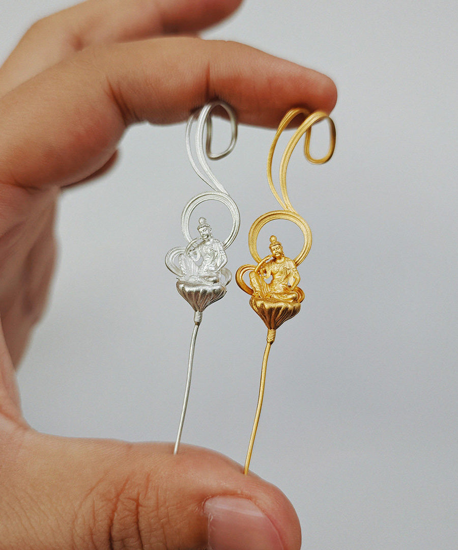 Ethnic Style Handmade Enlightenment Zen Buddhist Silver Gilding Earrings - Omychic