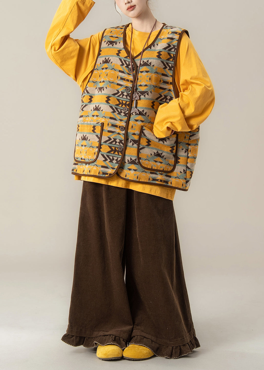 Ethnic Style Jacquard Vest And T Shirt Wide Leg Pants 3 Piece Outfit Winter