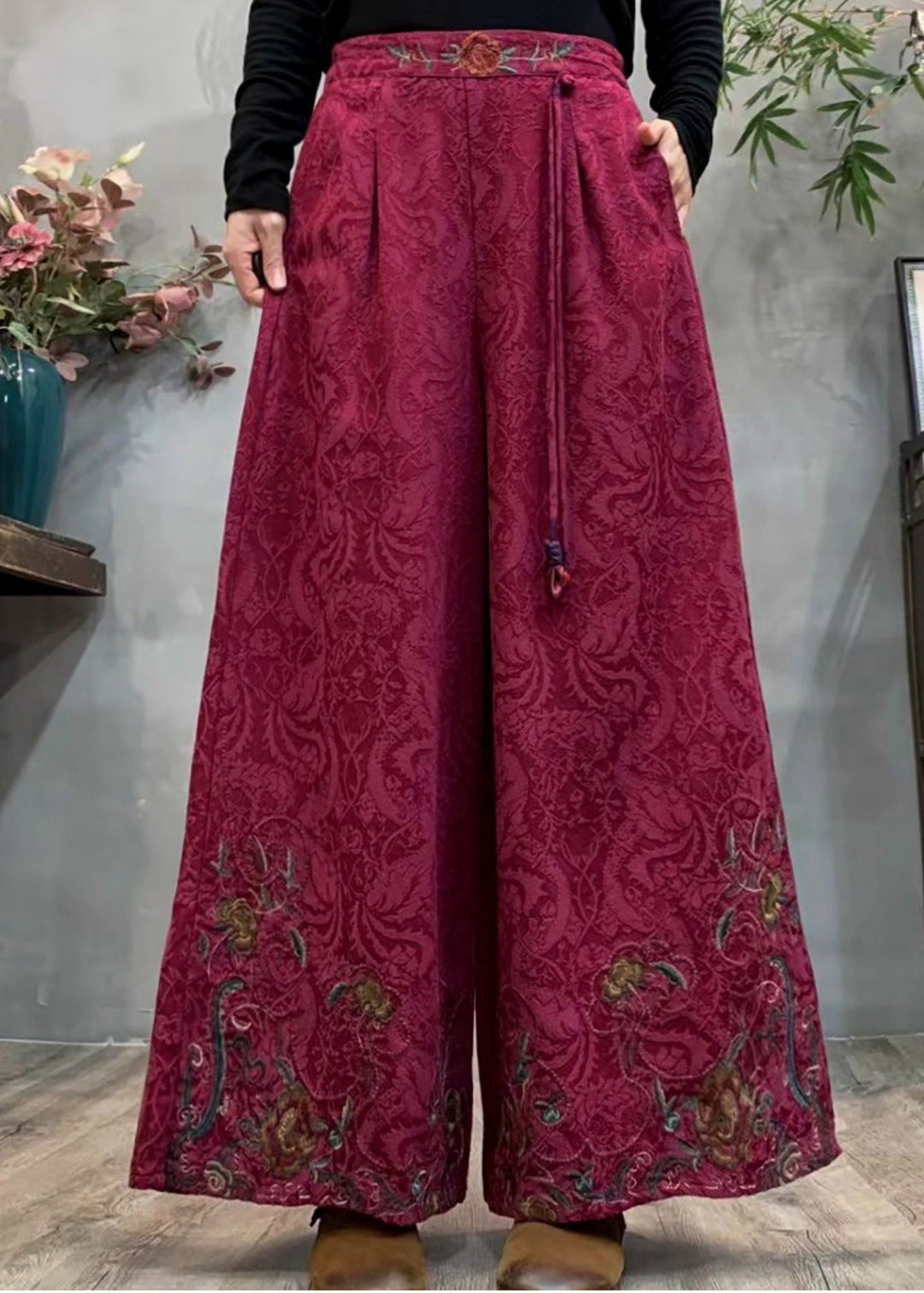 Ethnic Style Mulberry Embroidered Jacquard Warm Fleece Pants Winter