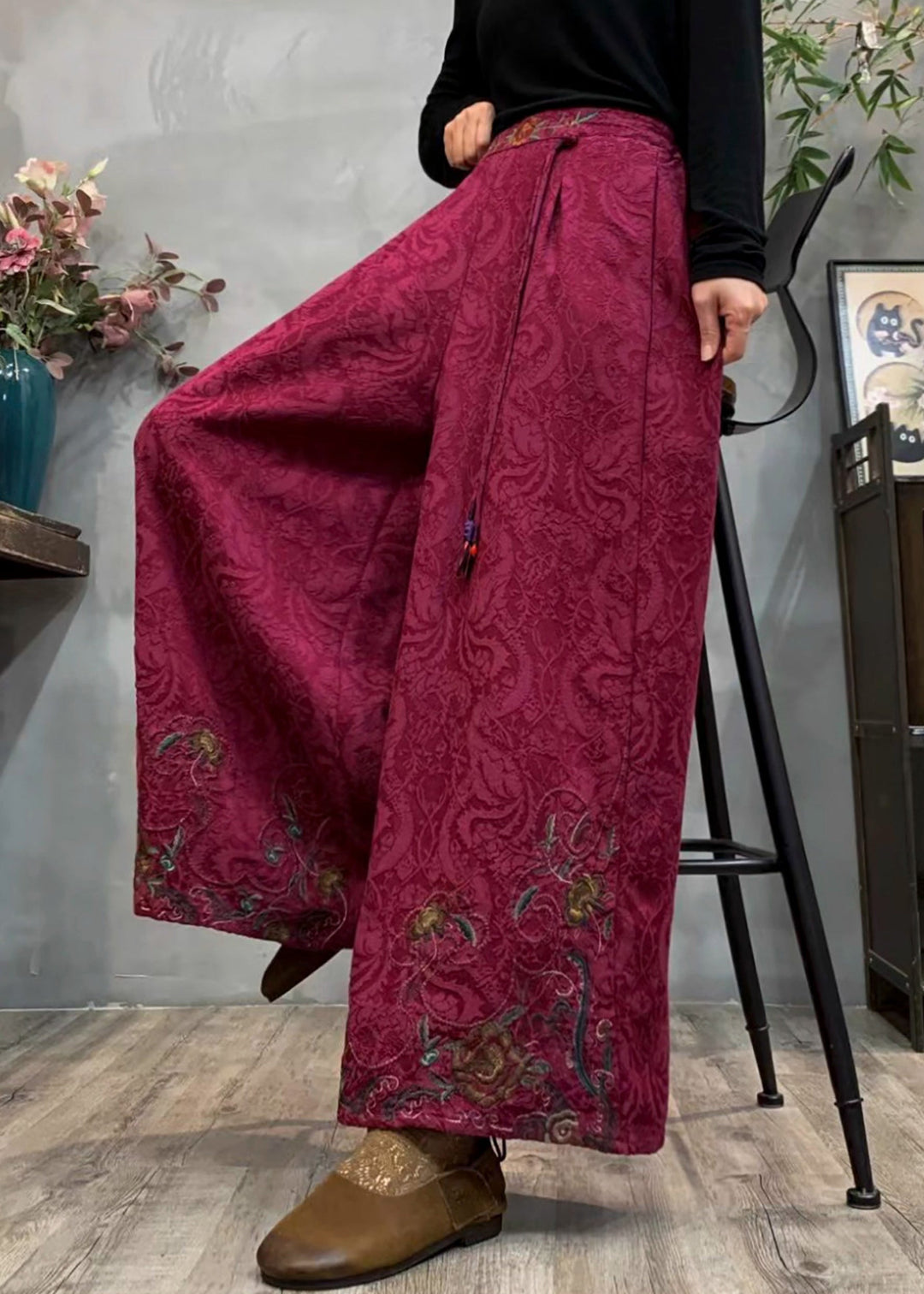 Ethnic Style Mulberry Embroidered Jacquard Warm Fleece Pants Winter