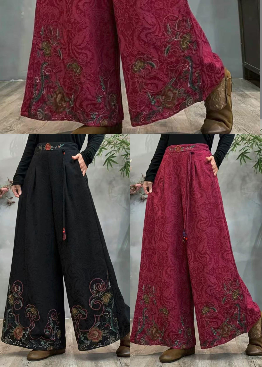 Ethnic Style Mulberry Embroidered Jacquard Warm Fleece Pants Winter