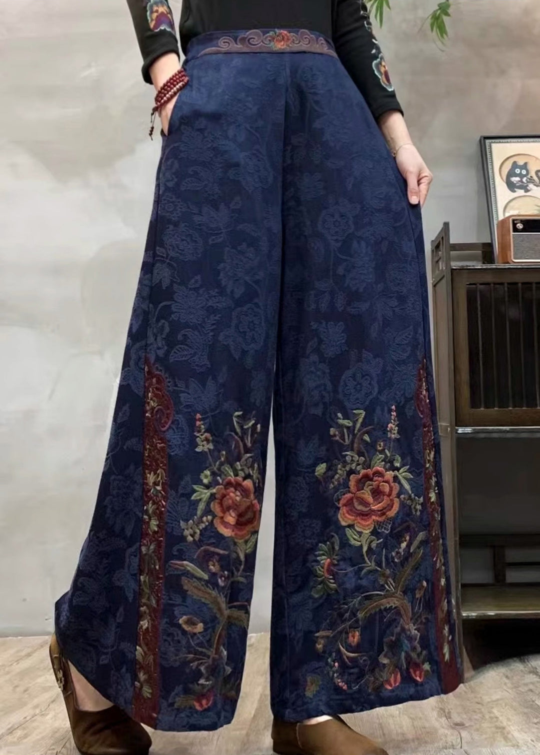 Ethnic Style Navy Embroidered Cotton Wide Leg Pants Spring