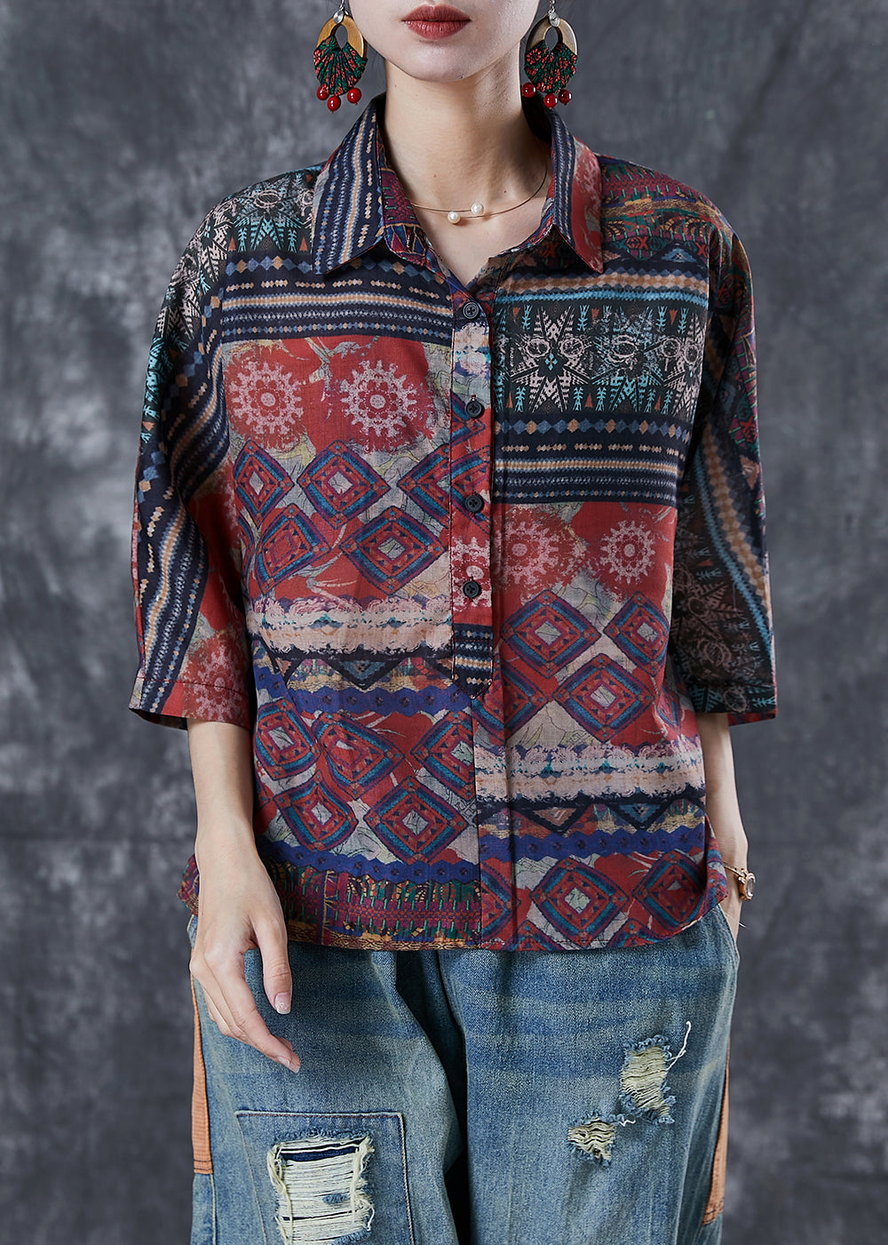 Ethnic Style Oversized Print Linen Shirts Bracelet Sleeve