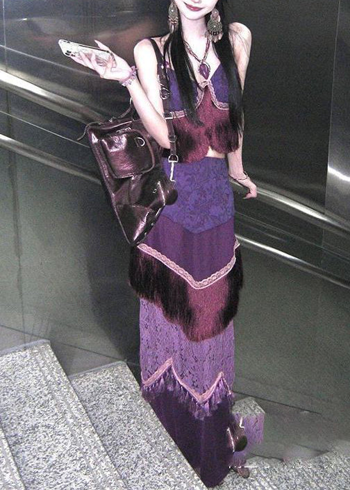 Ethnic Style Purple Tasseled Patchwork Silk Two Piece Set Summer