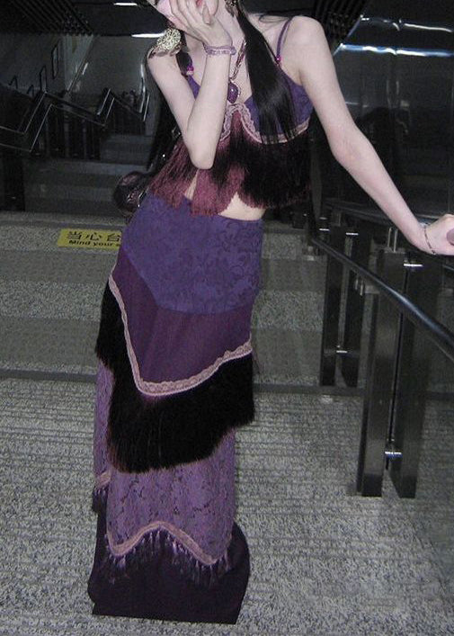 Ethnic Style Purple Tasseled Patchwork Silk Two Piece Set Summer