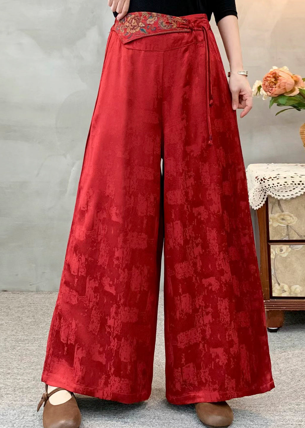 Ethnic Style Red Embroidered Jacquard Silk Pants Spring