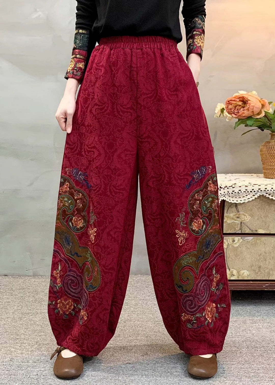 Ethnic Style Red Linen Harem Pants Embroidered Spring