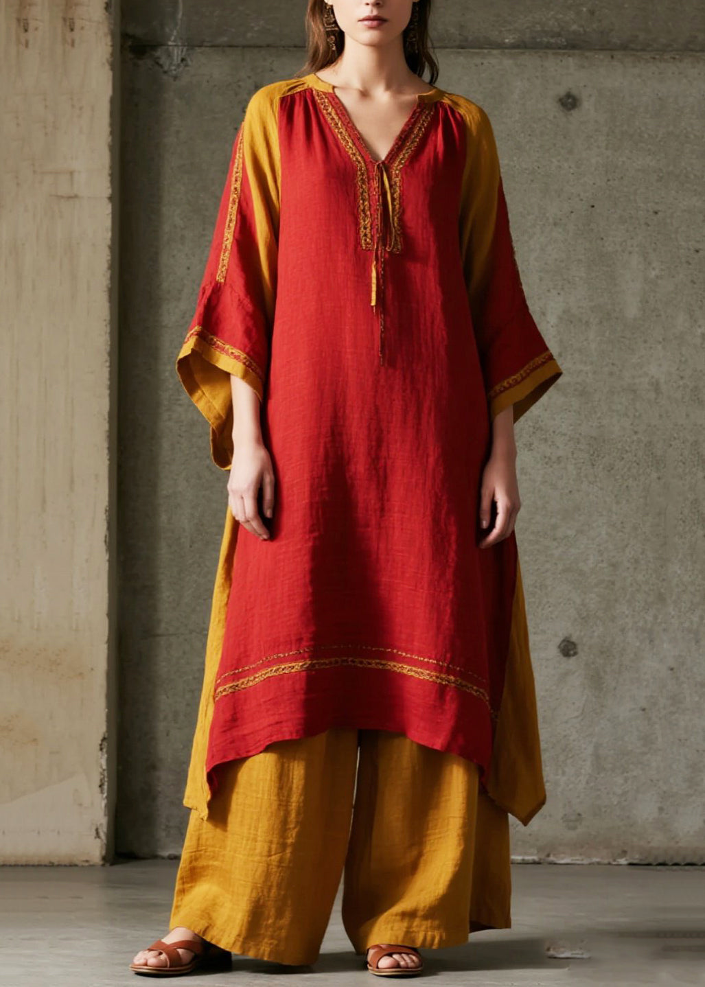 Ethnic Style Red Oversized Patchwork Cotton Maxi Dresses Spring