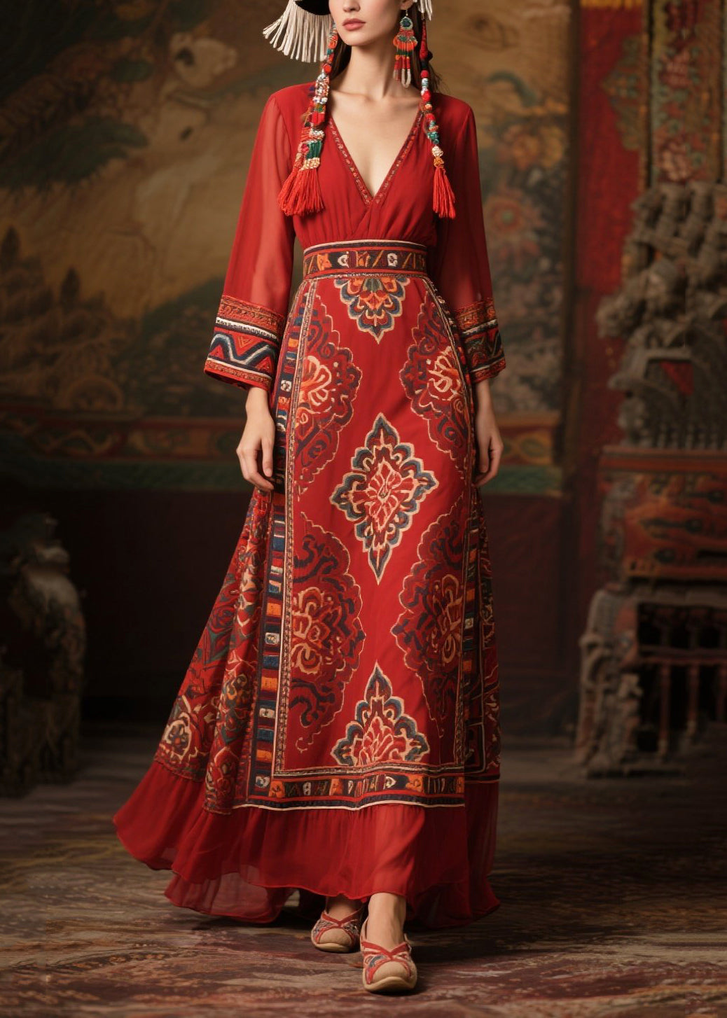 Ethnic Style Red Print Patchwork Chiffon Long Dress Fall