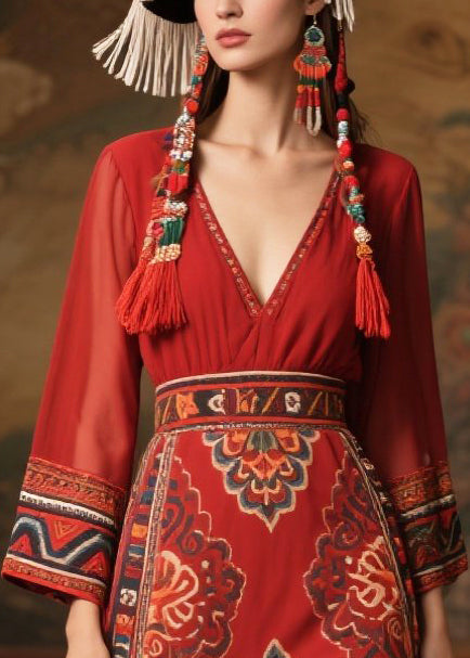 Ethnic Style Red Print Patchwork Chiffon Long Dress Fall