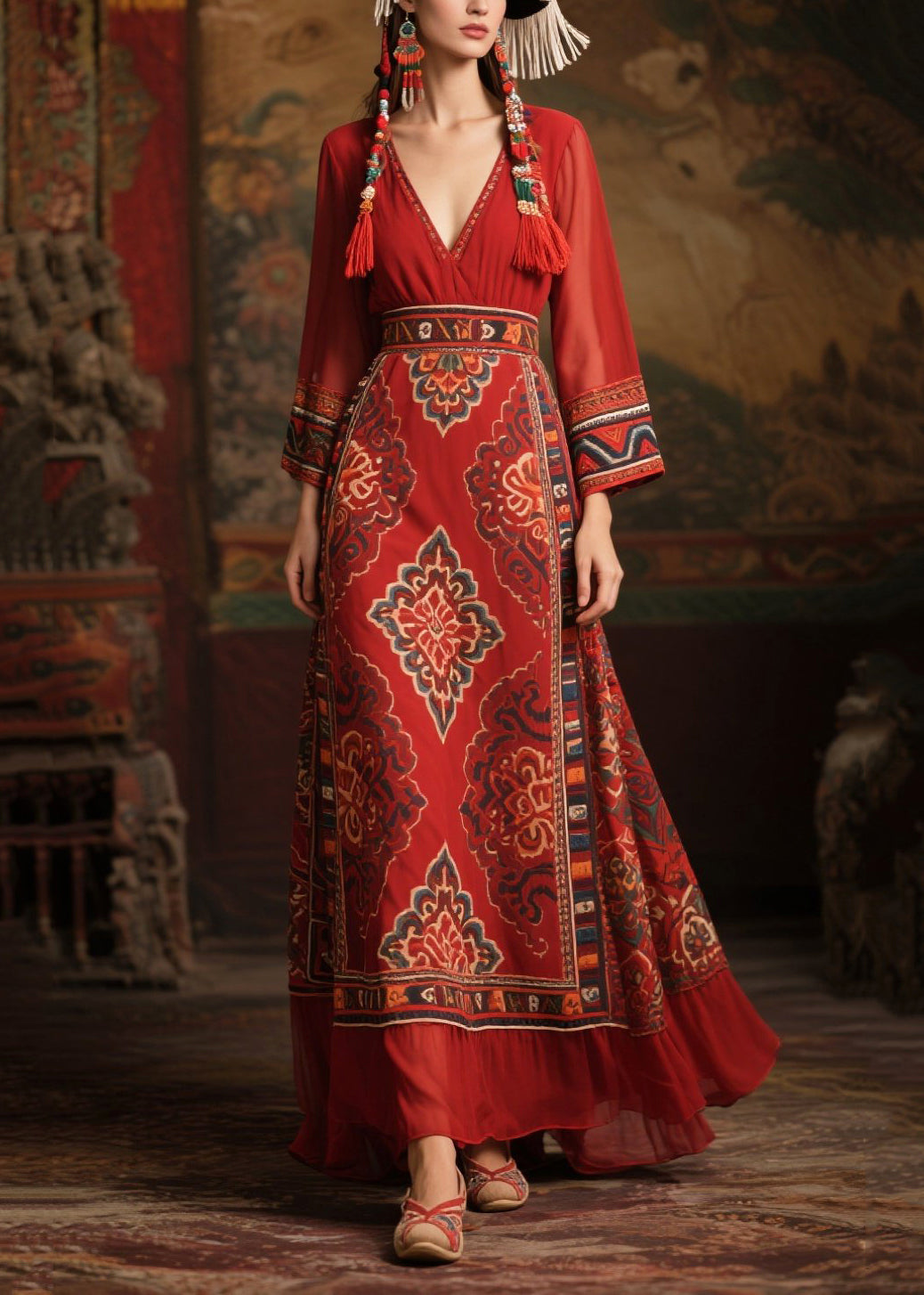 Ethnic Style Red Print Patchwork Chiffon Long Dress Fall