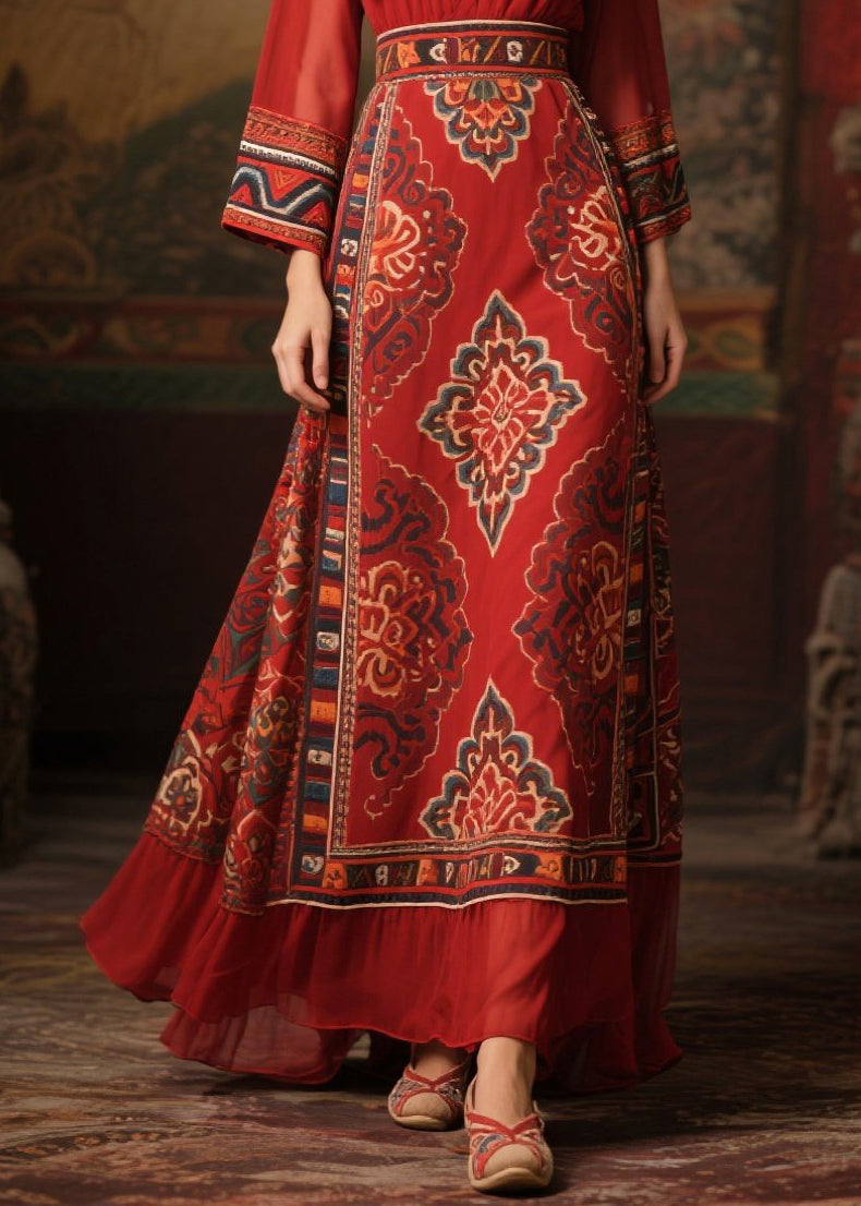 Ethnic Style Red Print Patchwork Chiffon Long Dress Fall