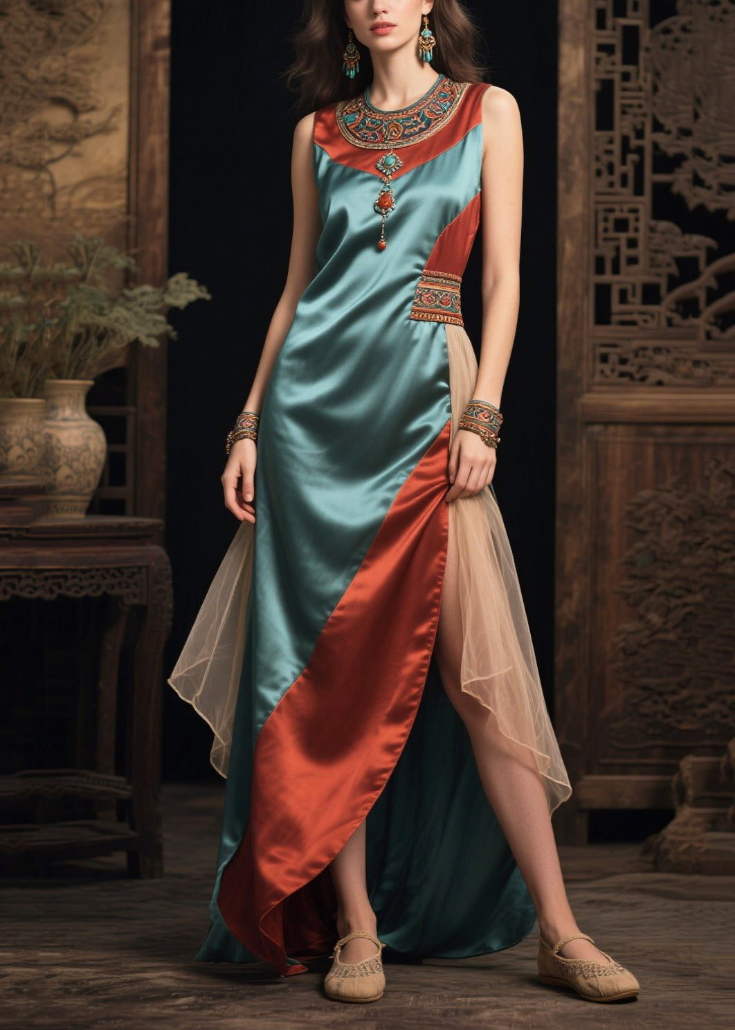 Ethnic Style Sea Blue Asymmetrical Patchwork Silk Vacation Dresses Sleeveless