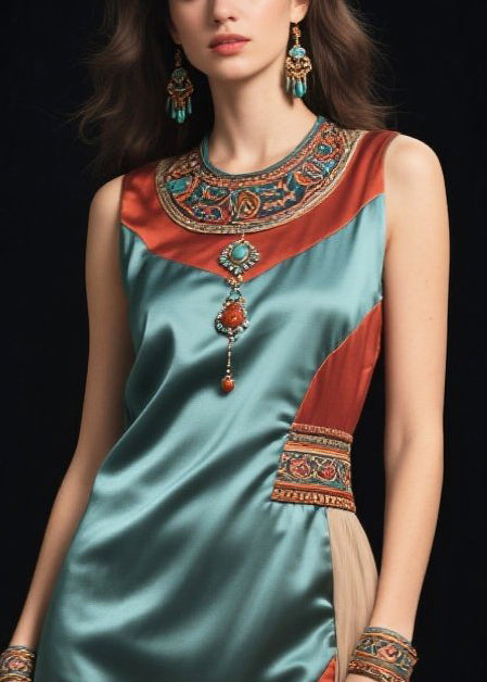 Ethnic Style Sea Blue Asymmetrical Patchwork Silk Vacation Dresses Sleeveless