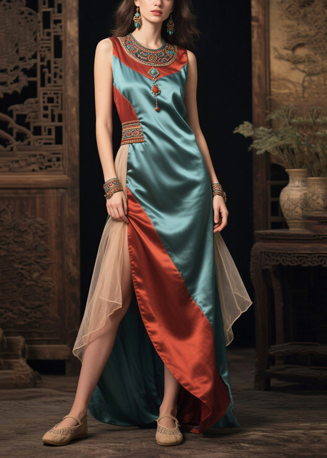 Ethnic Style Sea Blue Asymmetrical Patchwork Silk Vacation Dresses Sleeveless