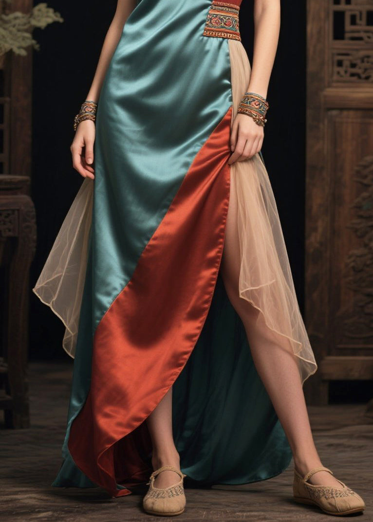 Ethnic Style Sea Blue Asymmetrical Patchwork Silk Vacation Dresses Sleeveless