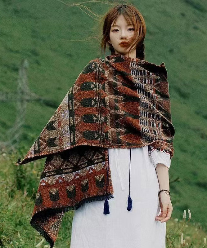 Ethnic Style Tassel Print Dual-Use Faux Cashmere Scarf