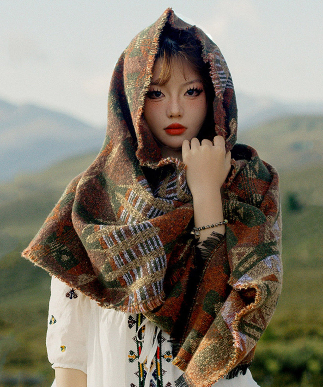 Ethnic Style Tassel Print Dual-Use Faux Cashmere Scarf