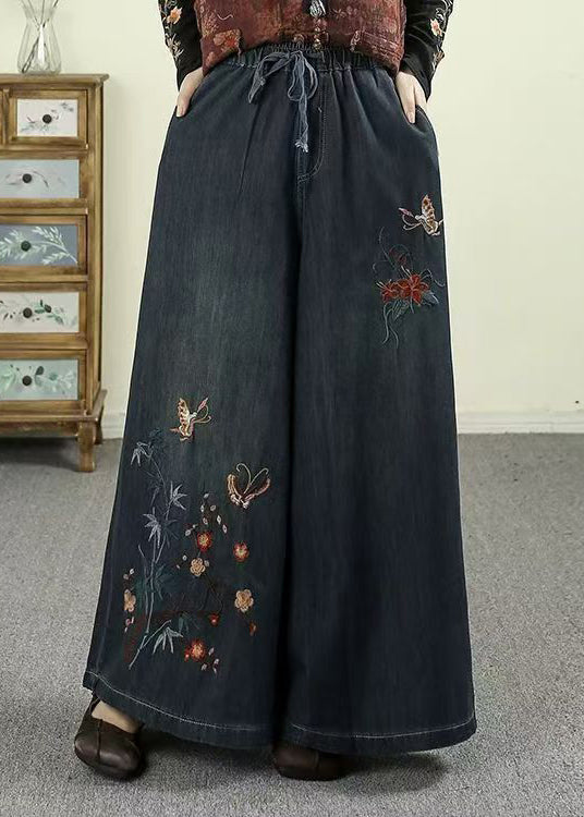 Ethnic Style Warm Fleece Embroidered Denim Wide Leg Pants