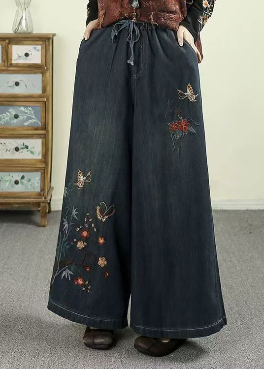 Ethnic Style Warm Fleece Embroidered Denim Wide Leg Pants