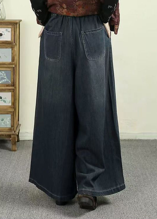 Ethnic Style Warm Fleece Embroidered Denim Wide Leg Pants