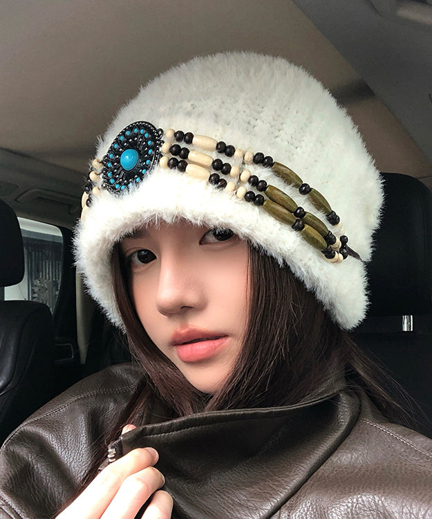 Ethnic Style White Thick Warm Knitted Boonie Hat