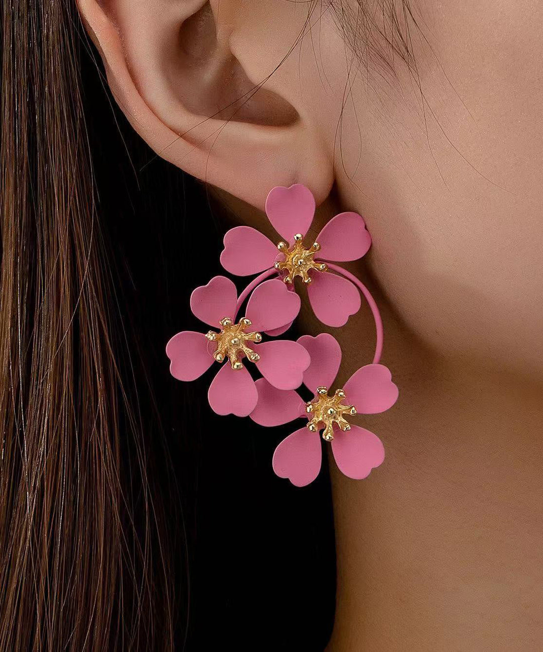European And American Fashion Pink Flower Metal Earrings