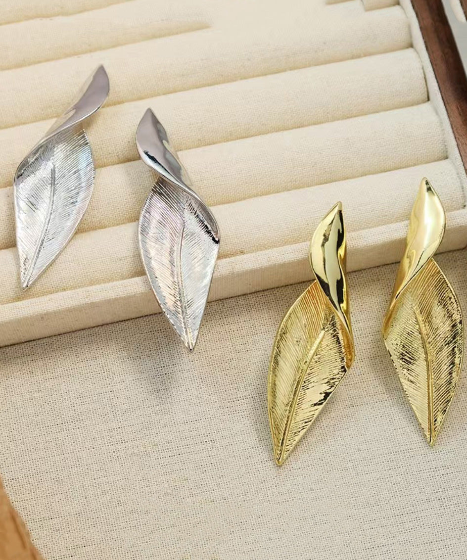 European And American Silver Leaves Metal Earrings