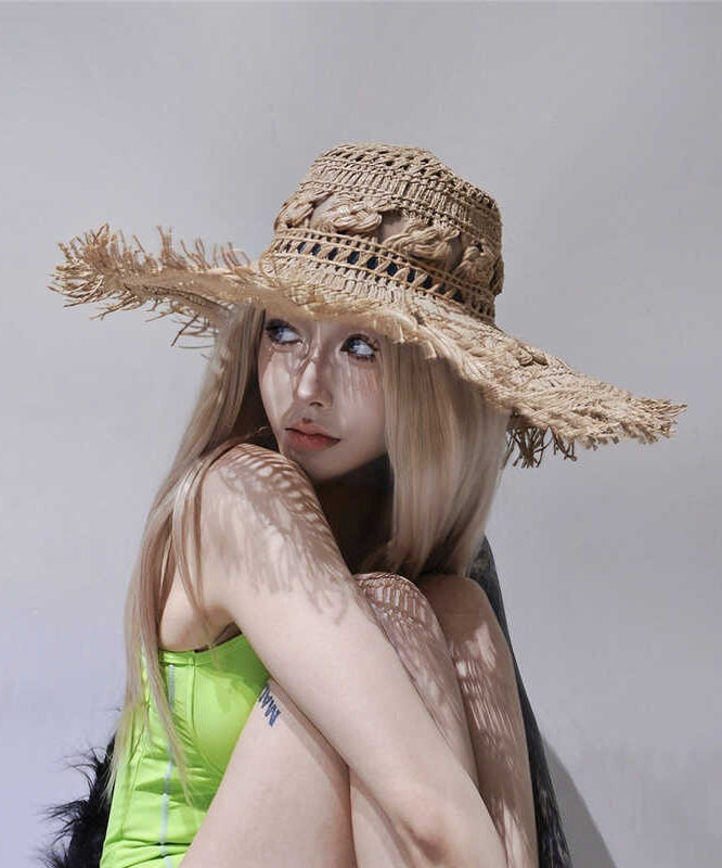 European And American Style Camel Hollowed Out Straw Woven Sun Hat Large Eaves