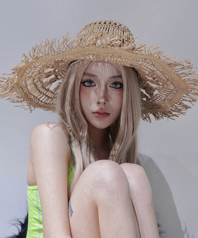 European And American Style Camel Hollowed Out Straw Woven Sun Hat Large Eaves