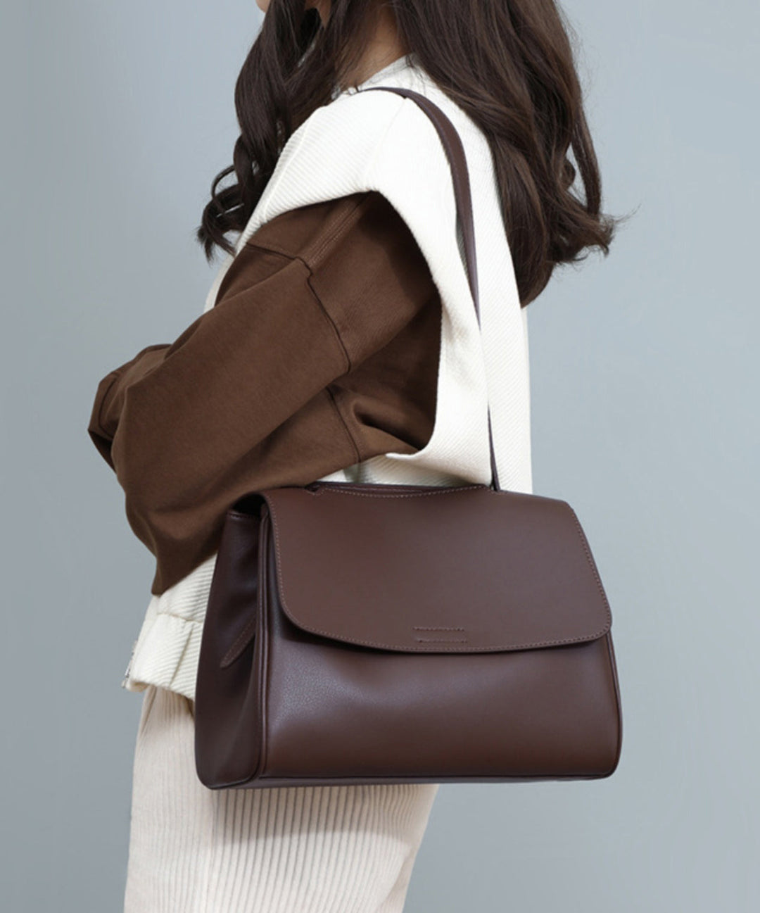 European And American Style Coffee Calf Leather Shoulder Bag