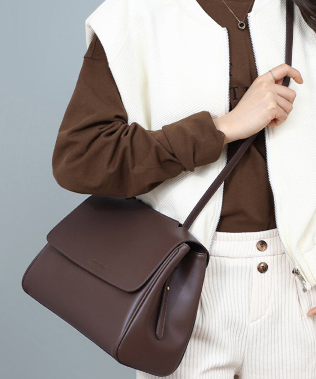 European And American Style Coffee Calf Leather Shoulder Bag