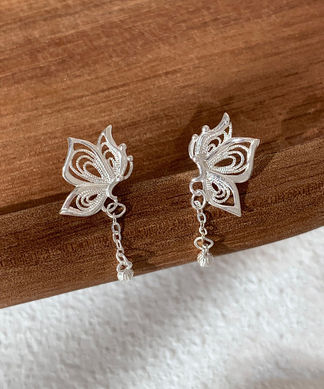 Exquisite Silver Butterfly Tassel Stud Earrings