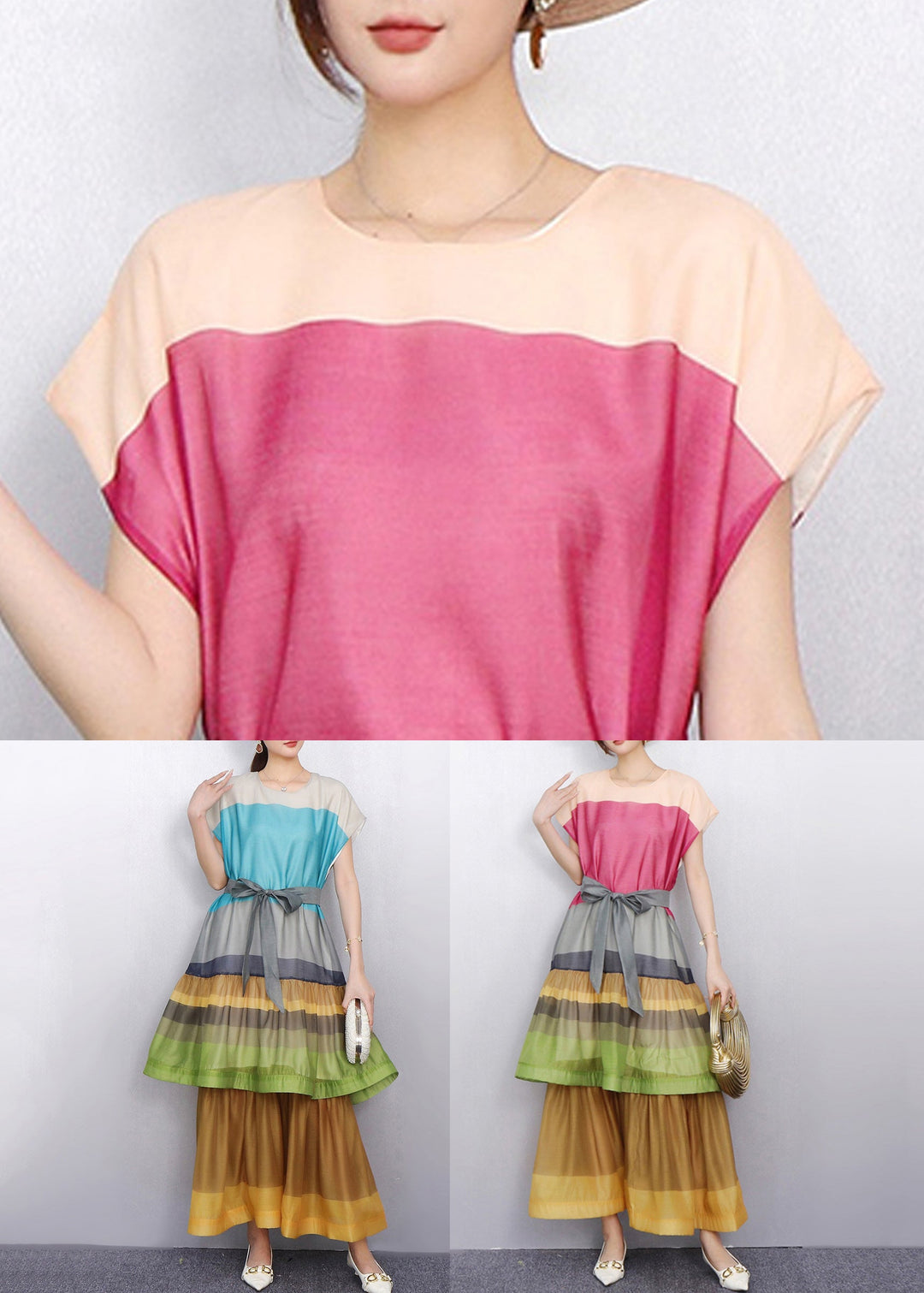 Eye Catching Color Blue Block Tiered Patchwork Cotton Long Dress