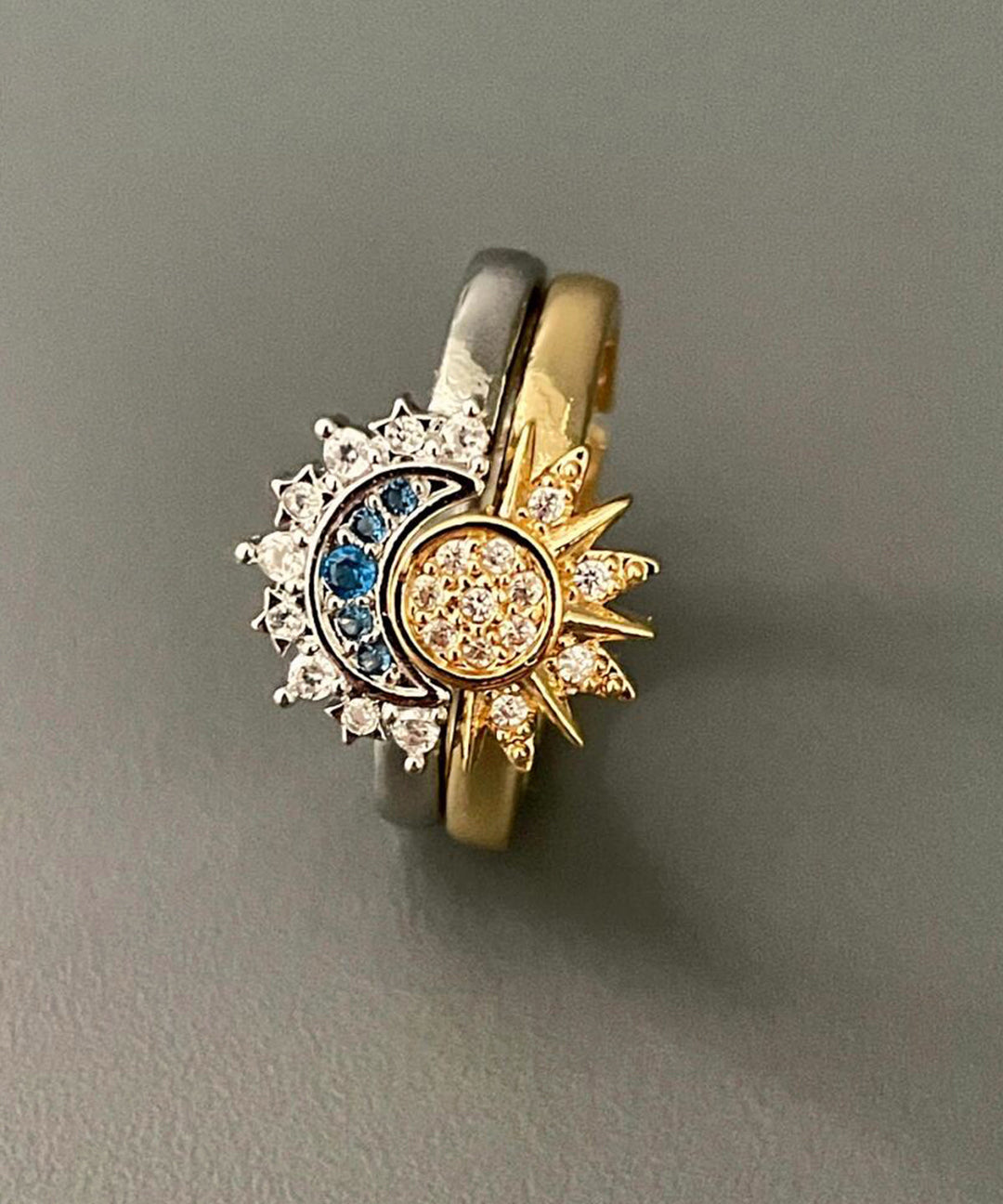 Fashion Alloy Zircon Sun And Moon Open Rings Two-Piece Set