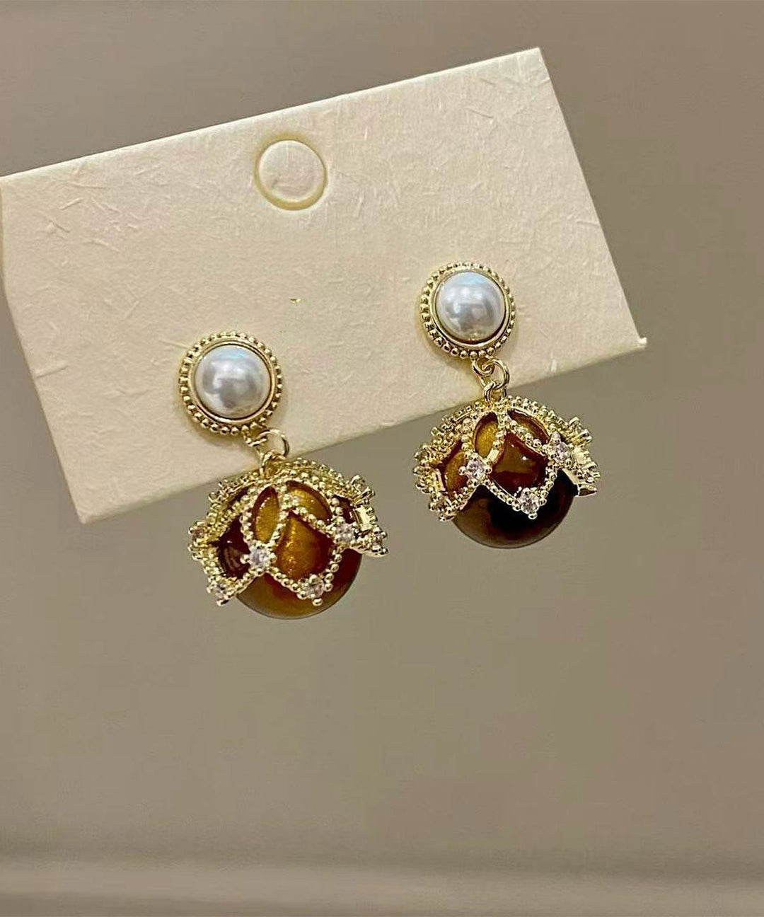 Fashion Amber Copper Overgild Zircon Pearl Drop Earrings