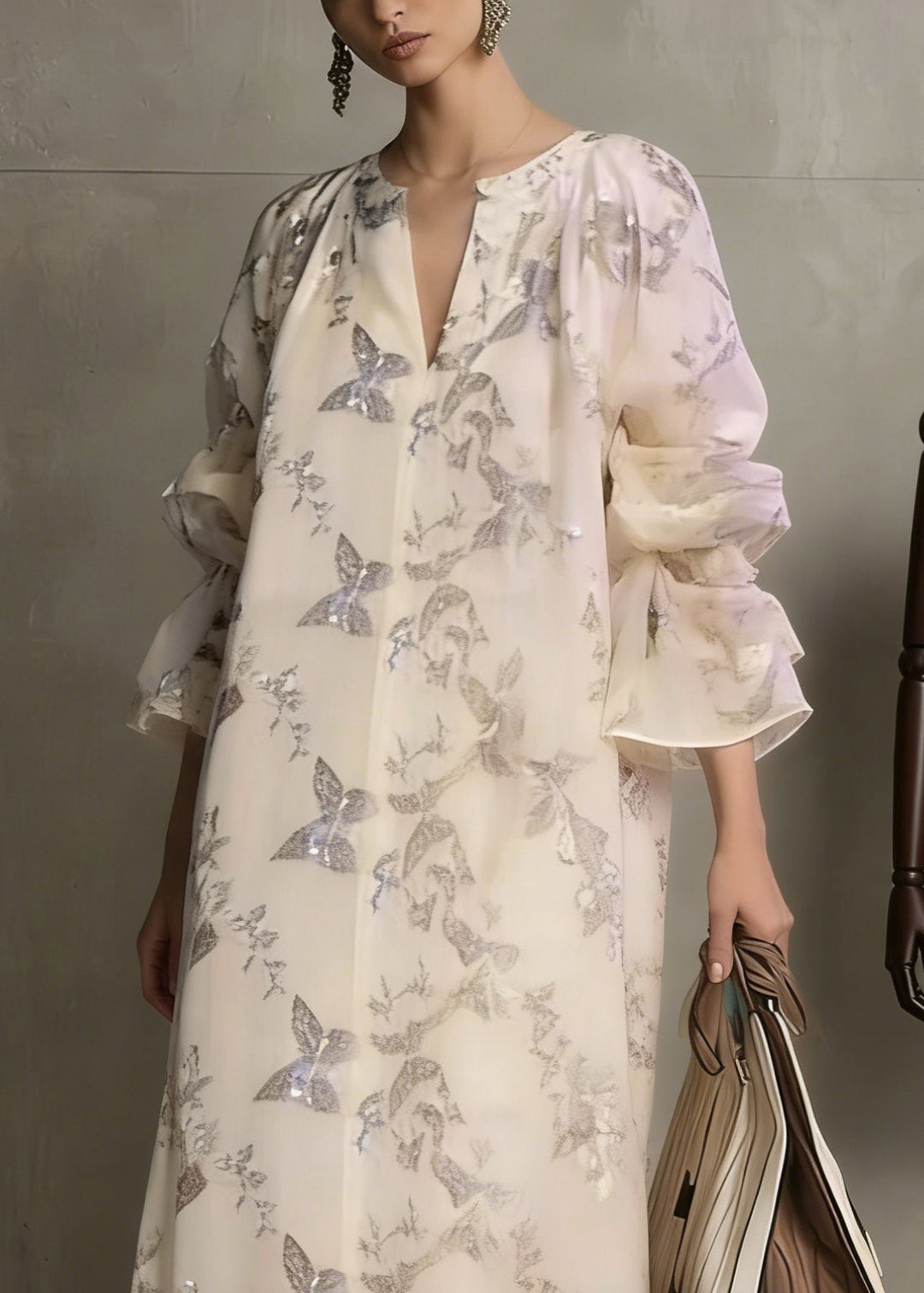 Fashion Apricot Butterfly Sequins Cotton Dress Flare Sleeve - Omychic