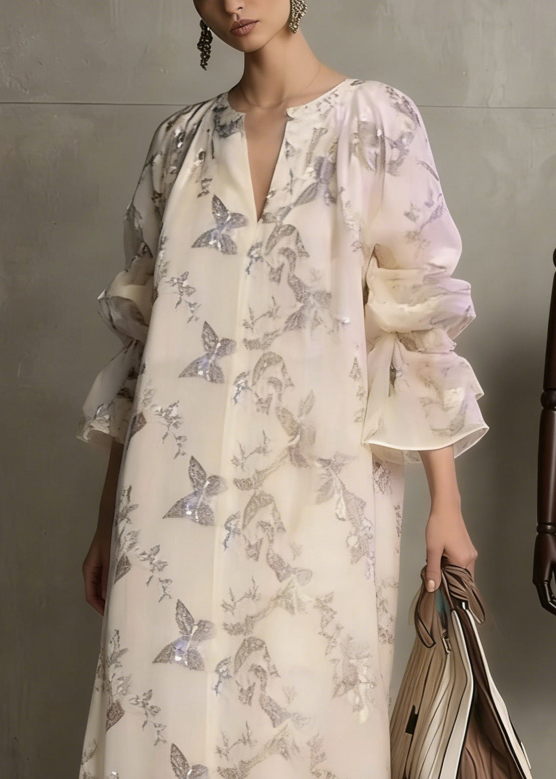 Fashion Apricot Butterfly Sequins Cotton Dress Flare Sleeve - Omychic