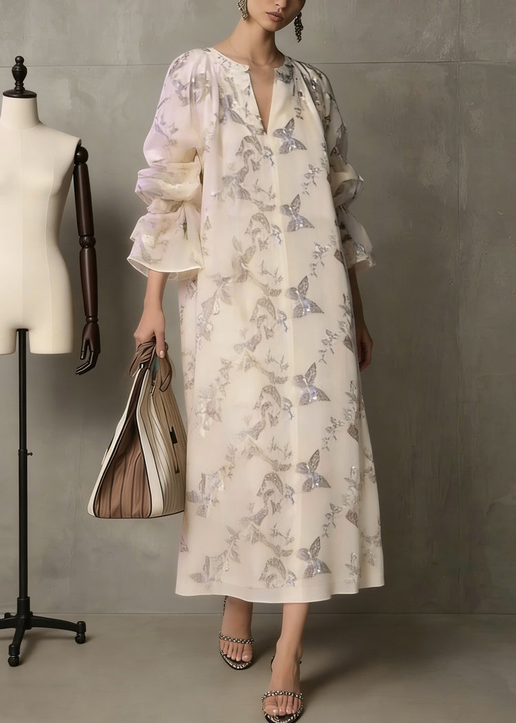Fashion Apricot Butterfly Sequins Cotton Dress Flare Sleeve - Omychic