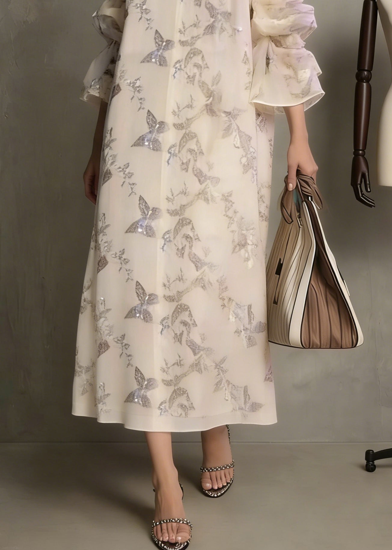 Fashion Apricot Butterfly Sequins Cotton Dress Flare Sleeve - Omychic