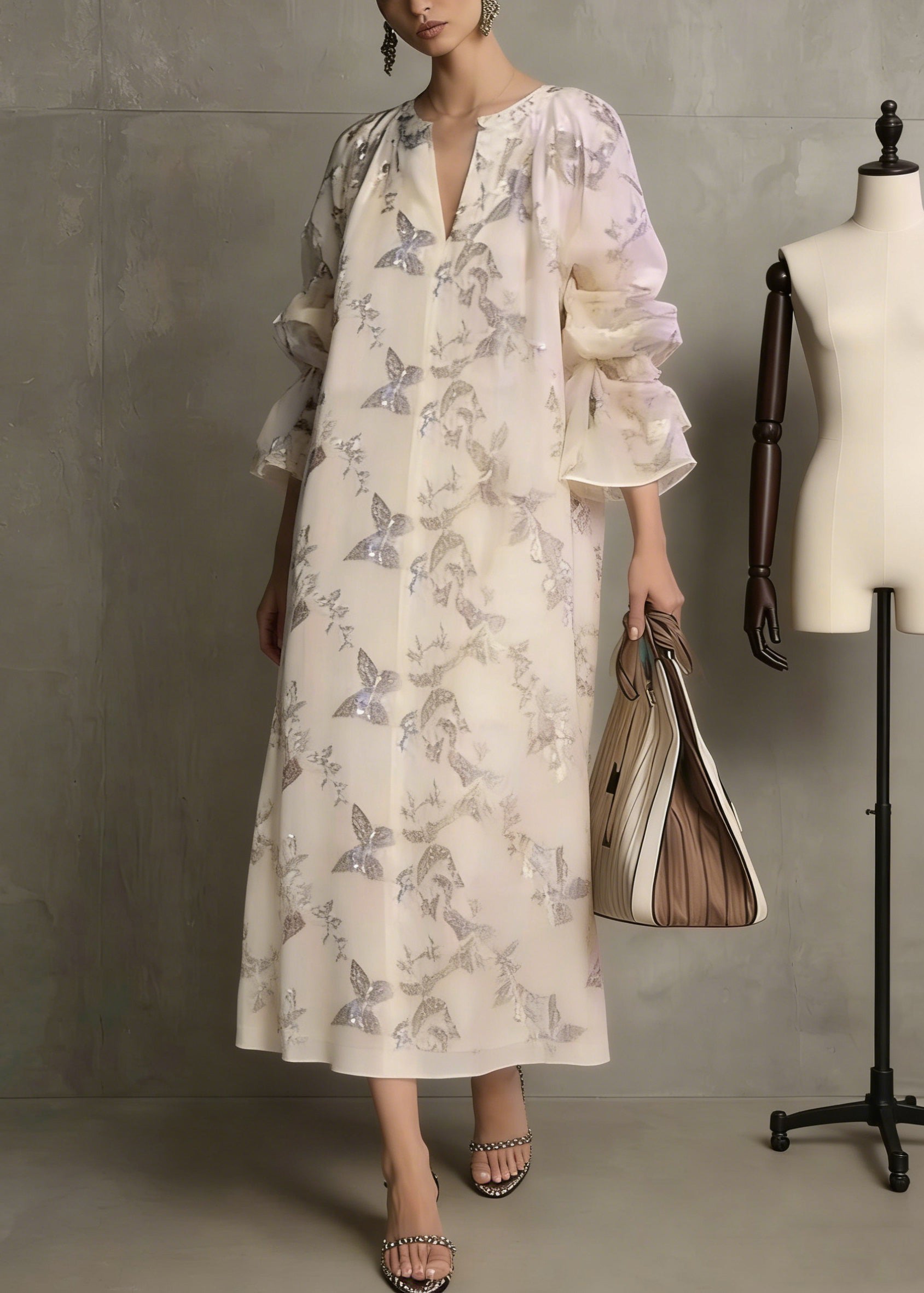 Fashion Apricot Butterfly Sequins Cotton Dress Flare Sleeve - Omychic